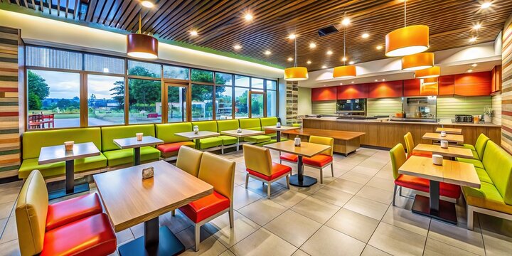Panoramic Interior View of a Fast Food Restaurant with Bright Lighting and Clean Design
