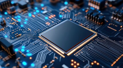 Close-Up of a High-Tech Microprocessor on a Detailed Circuit Board with Glowing Elements