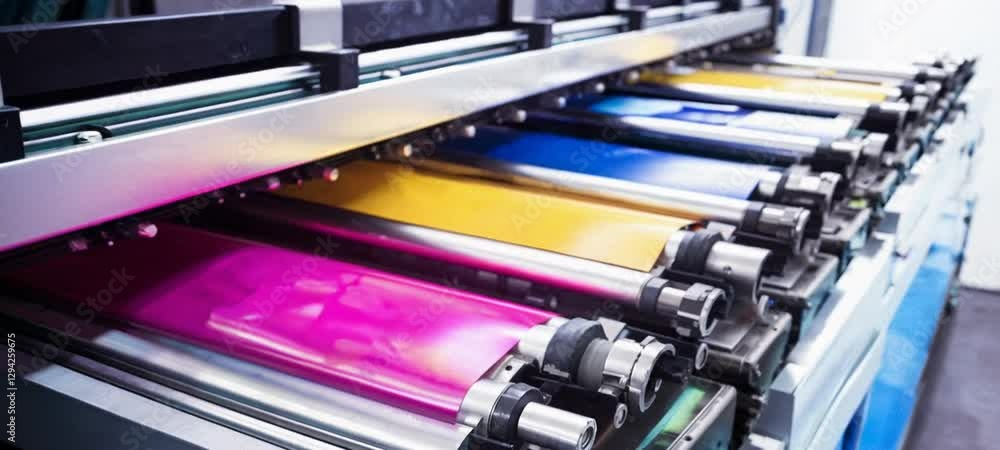 Poster vibrant printing press machine in action: ink colors transitioning on rollers