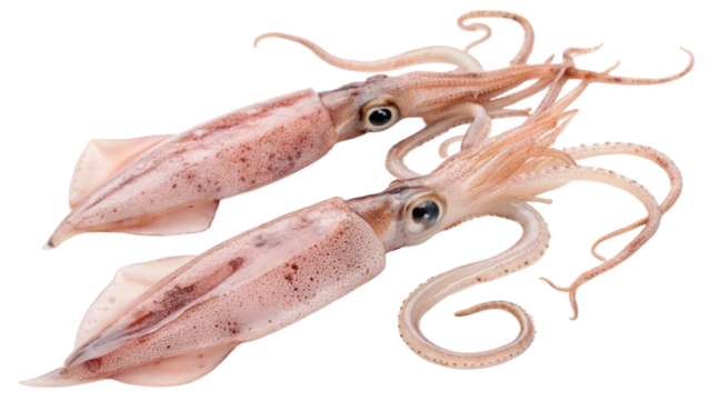 Two fresh raw squid isolated on white background. Suitable for marketing or business purposes. PNG file