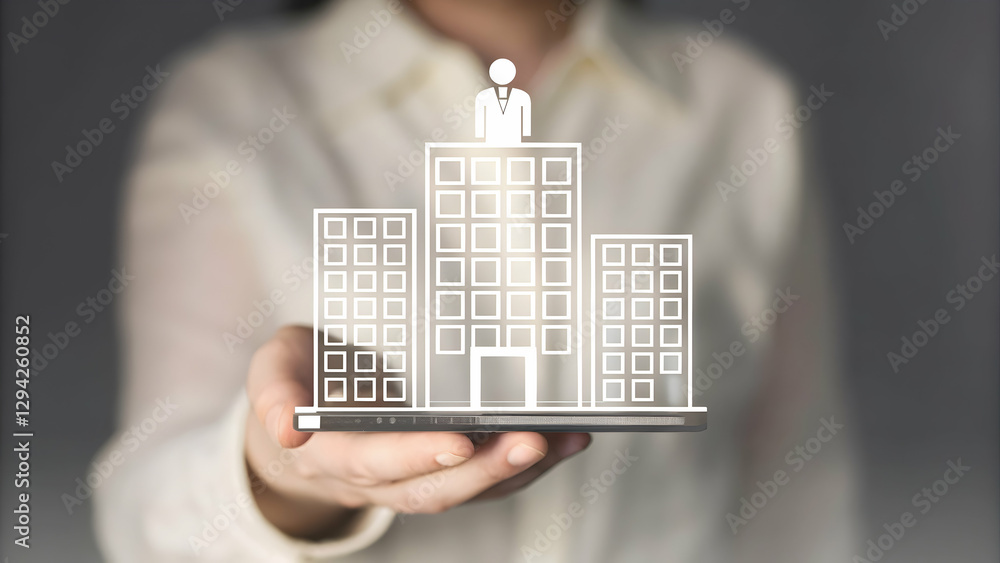 Poster 3d flat icon of a person intertwined with skyscraper blueprint: symbolizing urban development and ar
