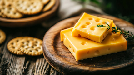 Delicious swiss cheese slices on wooden board with crackers food meal life diet dairy snack tasty