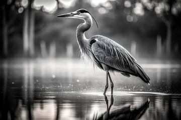 Naklejka premium Elegant Heron in Water: Ink Black and White Fashion Photography