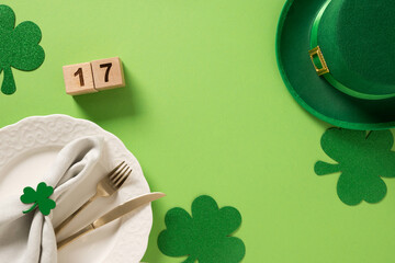 St Patrick's Day and 17 March frame with white plate and traditional decoration, shamrock, clover...