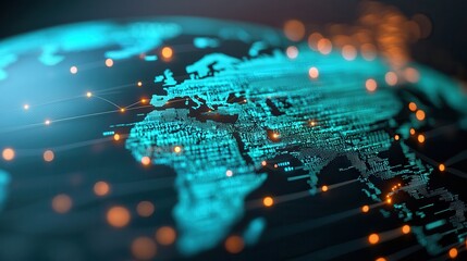 Cybersecurity threat monitoring for digital environment Digital globe with network connections and glowing nodes.