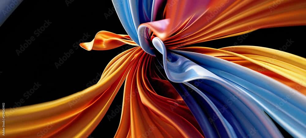 Poster dynamic flow of vibrant fabric displaying graceful twists and colorful motion