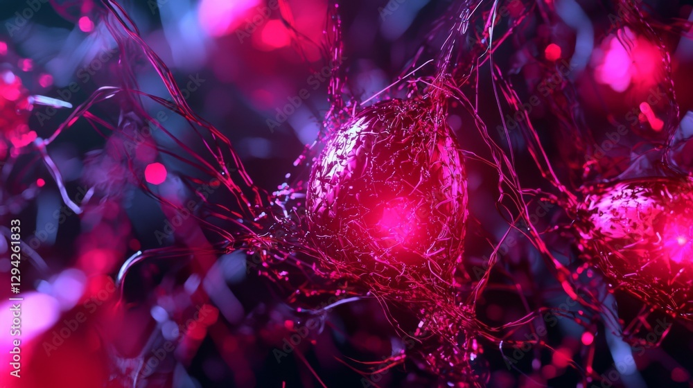 Poster intricate neural connections illuminated in a vibrant red and pink abstract digital representation o