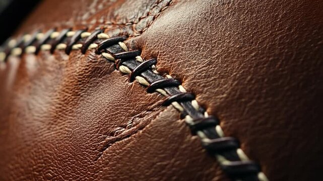 Detailed stitching on brown leather, showcasing craftsmanship and premium material detail close up