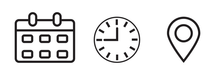 date, time, address location icon set. calendar, clock and map symbol for event, meeting, wedding, schedule, invitation card design element. transparent vector illustration