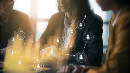 3d Flat icon as Overhead view of a leader with digital transformation and tech symbols overlay symbolizing change leadership in double exposure with copy space. concept as An overhead view of a leader