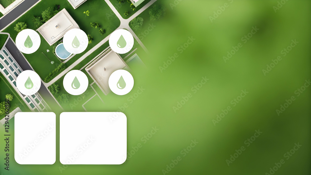 Poster photo realistic as overhead view of a city block with rainwater harvesting overlay symbolizing water