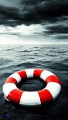 Naklejka premium Red and White Lifebuoy Floating in Ocean Waves, Concept of Rescue at Sea During Stormy Weather