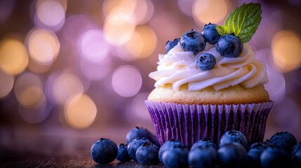 Delicious blueberry cupcake with fresh mint sprig: a perfect sweet treat for any occasion