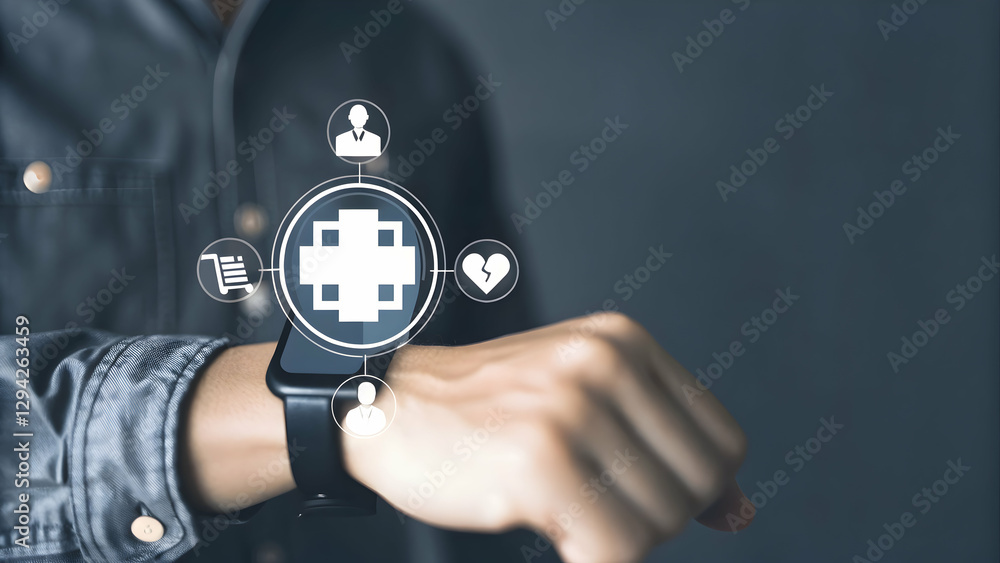 Poster 3d flat icon: person using smartwatch with digital health interface - symbolizing health tech adopti