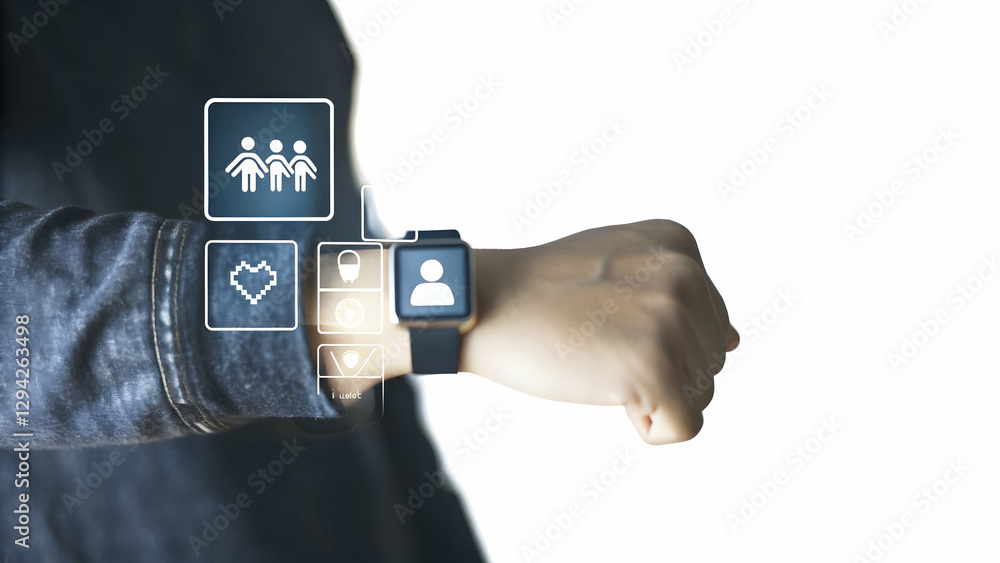 Poster 3d flat icon of a person using a smartwatch with digital health interface: symbolizing digital healt