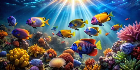 Panoramic Underwater Scene of Spotbreast Angelfish in Vibrant Coral Reef
