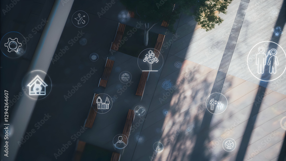 Poster 3d flat icon as overhead view of a public park with eco friendly lighting overlay symbolizing sustai