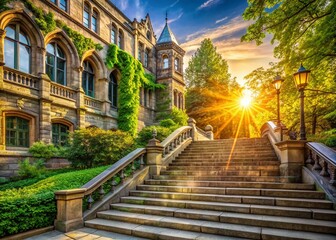 Fototapeta premium Panoramic View: Majestic Stone Staircase to Historic University Entrance, Lush Greenery