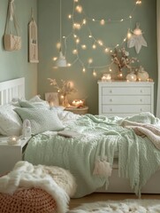 A Cozy Bedroom Shows Blankets and Lights on Bed