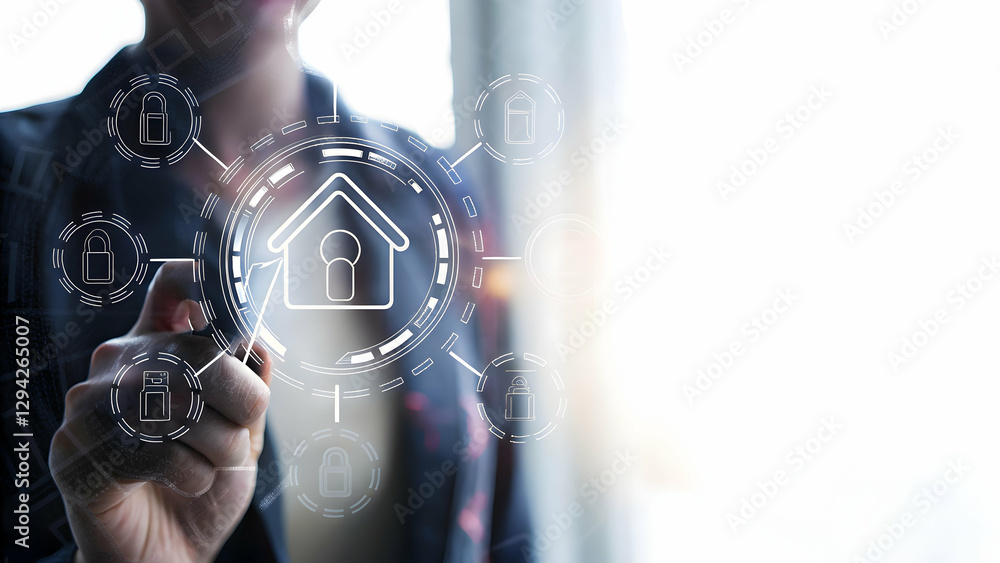 Poster 3d flat icon of individual merging with smart home hub and tech symbols: centralized smart living so