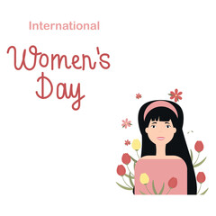 International Women's Day banner. Vector modern flat illustration Girl with tulips.