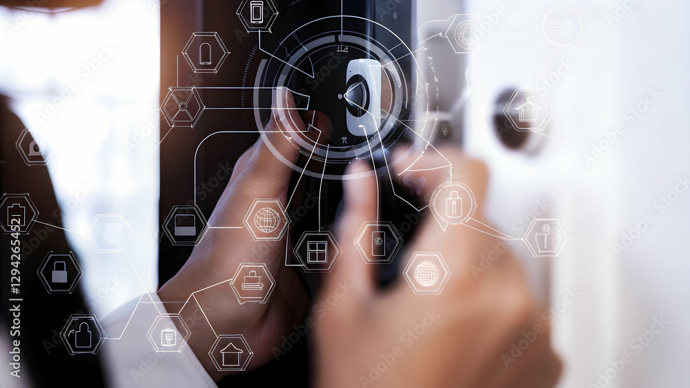 Poster 3d flat icon of individual merging with smart home hub and tech symbols: centralized smart living so