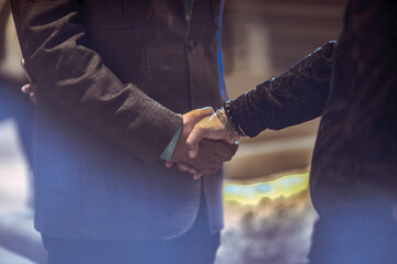 closeup of hands of two indian businessman in Business Handshake Agreement in Professional Setting night time indoors