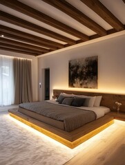 Modern bedroom with an illuminated bed and a wooden ceiling
