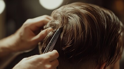 A barber styling long hair with a comb and scissors, creating a layered and textured hairstyle.
