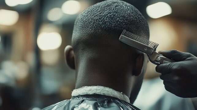 A barber shop scene where clippers are being used to create a stylish buzz cut on a client.