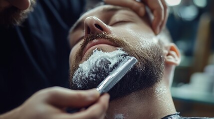 Naklejka premium A barber using a precision razor to create sharp beard lines and provide a polished look for a client.