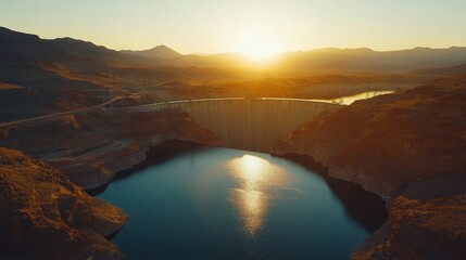 Aerial view of massive hydroelectric dam at sunset, concrete structure spanning canyon, golden light reflecting on reservoir,Renewable resources, sustainable development, and environmental protection