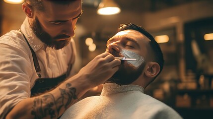 A barber using a straight razor to give a customer a clean, sharp shave in a traditional shop.