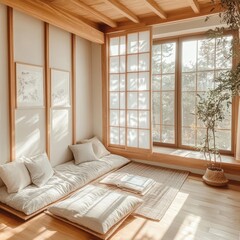 Fototapeta premium Cozy Japanese Inspired Room with Books and Pillows