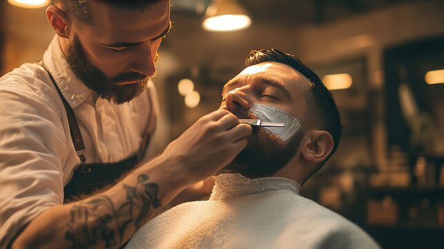 A barber using a straight razor to give a customer a clean, sharp shave in a traditional shop.