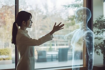 Interactive Healthcare: A forward-thinking doctor engages with a holographic patient model, symbolizing technological advancement in healthcare and innovative medical practices.