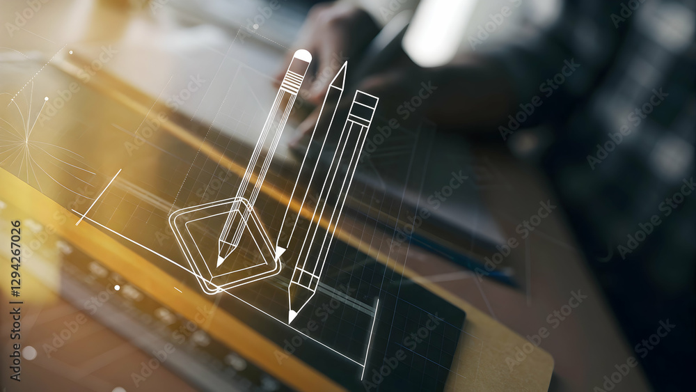 Aufkleber 3d flat icon as top view of a desk with a sketchbook and a digital tablet symbolizing creativity and