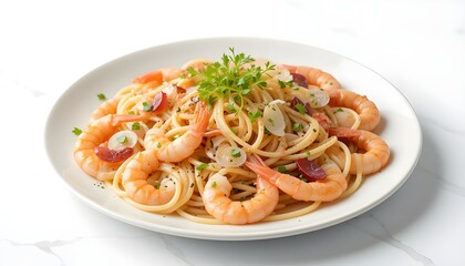 platter with fresh oignons, linguini shrimp, and a white backdrop