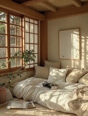 Warm sunlight illuminates a bright bedroom interior filled with comfort
