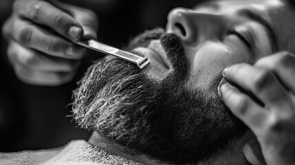A close-up of a barber holding a straight razor while carefully shaping a clients beard.