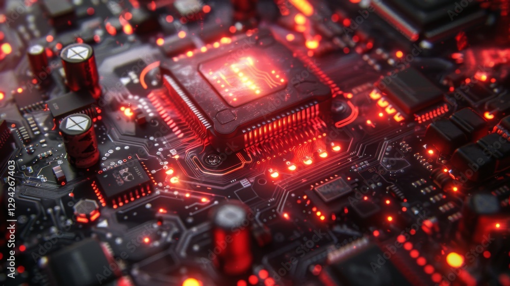 Poster A close up view reveals a complex circuit board illuminated by red lights, with various electronic components interconnected, exemplifying modern engineering and technology.