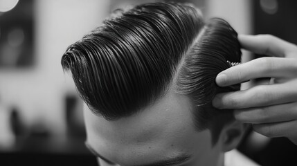 A close-up of a barber styling a quiff haircut, shaping the hair into place with precision.