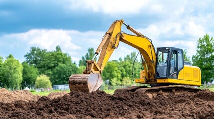 Excavator Working on Construction Site for Earth Moving and Land Preparation with Blue Sky and Green Trees