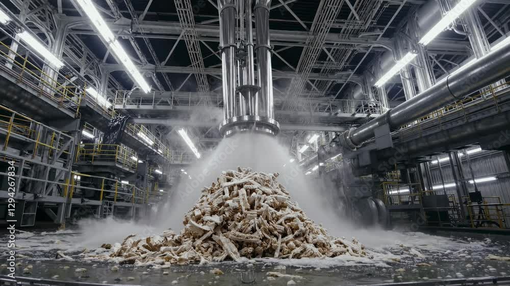 Poster industrial processing of materials in a large factory setting with heavy machinery