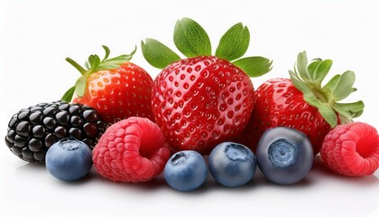 assorted berries including strawberries raspberries and blueberries isolated white background