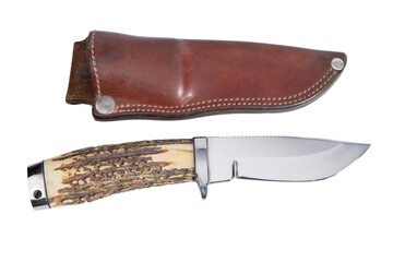 hunting knife with leather sheath, isolated on white