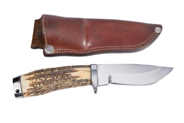 hunting knife with leather sheath, isolated on white