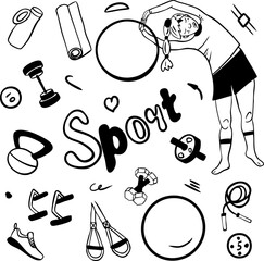 Obraz premium Doodle vector illustration. Sport set. Collection of elements for sport. Sport equipment and sport girl. Hand drawn illustration. Black and white. 