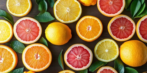 On the table, there is a wide variety of different types of citrus fruits