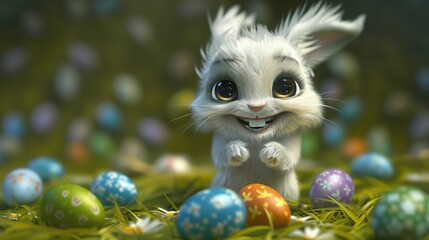Adorable 3d illustration of a cute white hare surrounded by colorful easter eggs and blooms